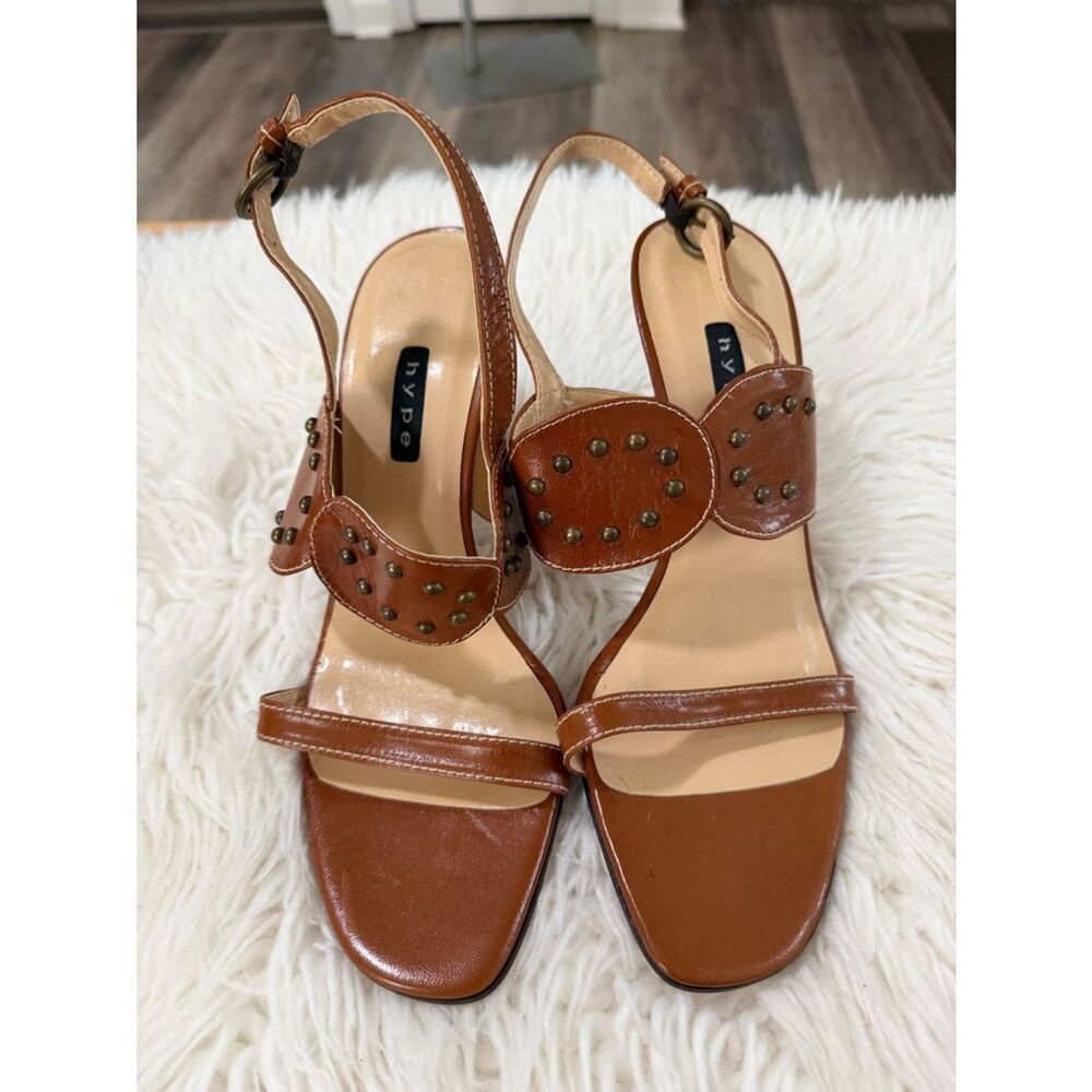 Hype Cognac Brown Studded Leather Slingback Heels Size 8.5